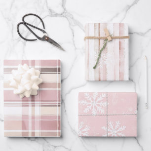 Pink Creme Kariert Stripes Schneeflocken Weihnacht Geschenkpapier Set
