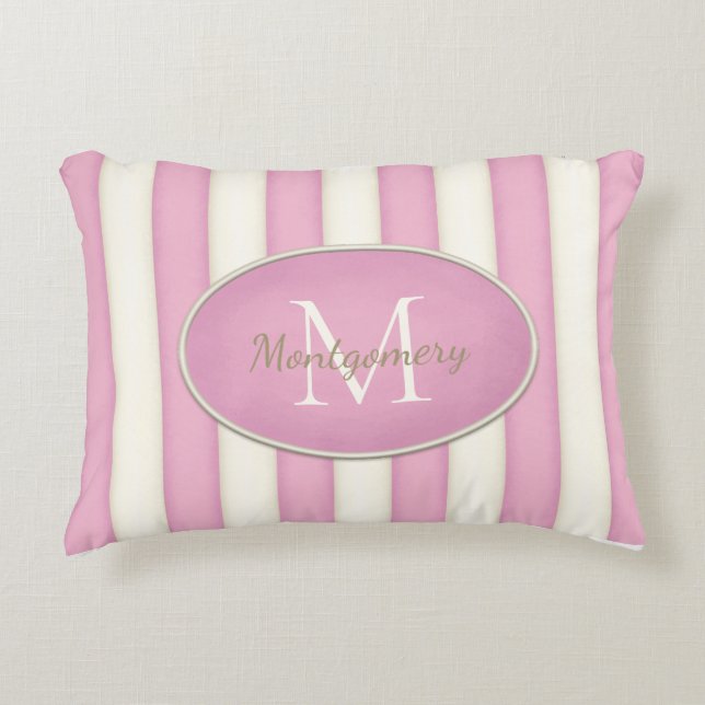 Pink & Creme Streifen Oval Gerahmte Monogramm Dekokissen (Vorderseite)