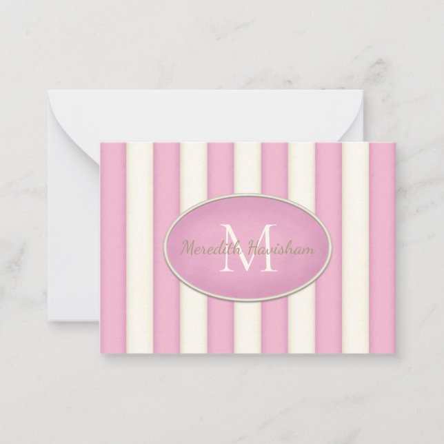 Pink & Creme Streifen Oval Gerahmtes Monogramm kun Mitteilungskarte (Vorderseite)