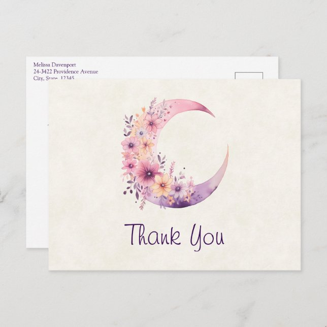 Pink Crescent Moon mit Hübschen Blume Danke Postkarte (Vorne/Hinten)