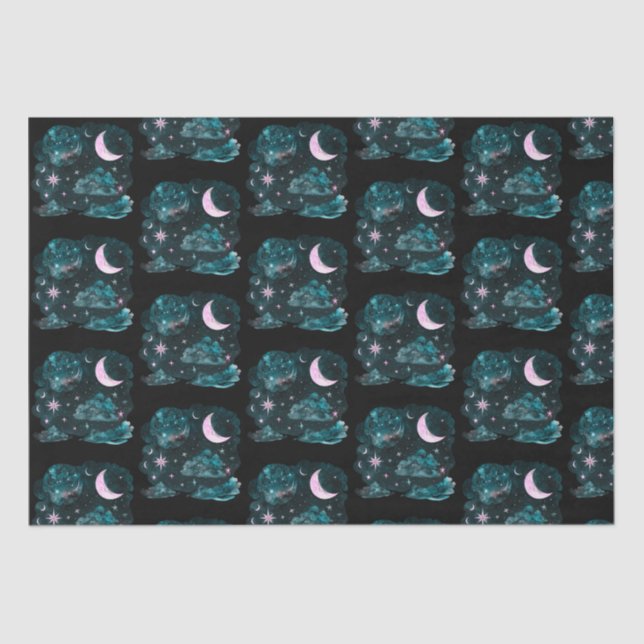 Pink Crescent Moon Stars Celestial Black Halloween Seidenpapier (Vorderseite)