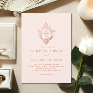 Pink Crest Hochzeitsmonogramm Vintage Rosen Gold Einladung