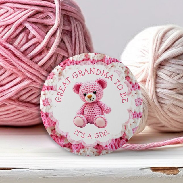 Pink Crocheted Teddy Bear | Great Grandma to Be Button (Von Creator hochgeladen)