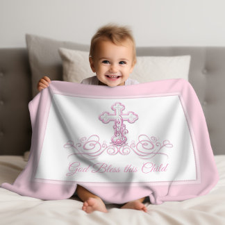 Pink Cross Baby Girl Taufe Blanket Fleecedecke