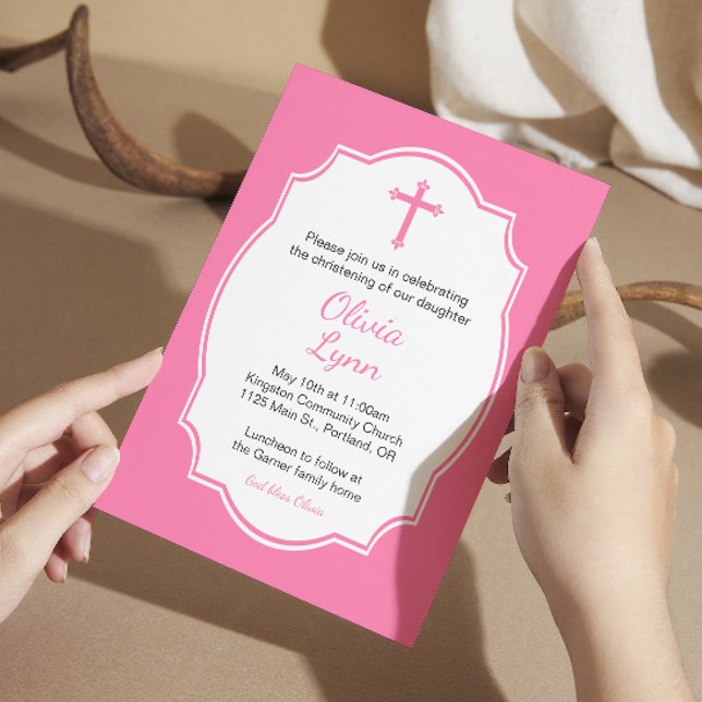 Pink Cross Baby Girl Taufe Christening Einladung (Von Creator hochgeladen)