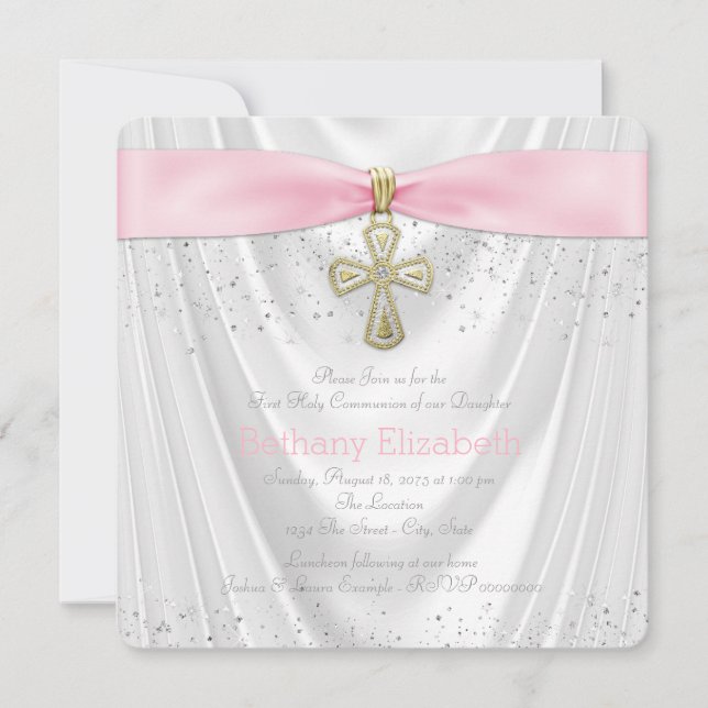 Pink Cross First Communion White Satin Einladung (Vorderseite)