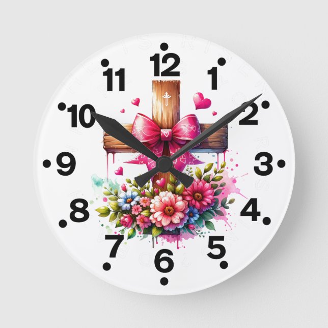 Pink Cross Flowers Runde Wanduhr (Vorderseite)
