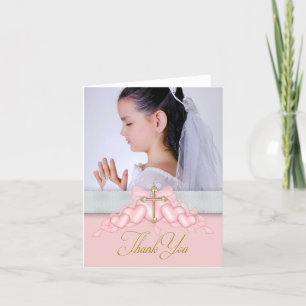 Pink Cross Foto First Communion Thank You Cards Dankeskarte