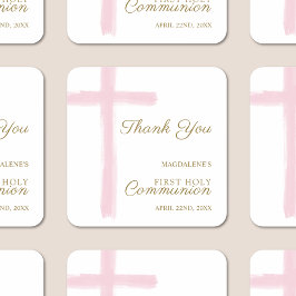 Pink Cross Thank You First Holy Communion Quadratischer Aufkleber