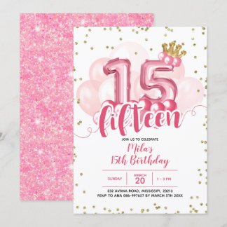 Pink Crown Ballon Fünfzehn Geburtstag Einladung