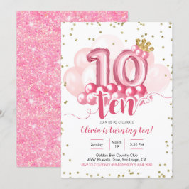 Pink Crown Ballon Zehnte Geburtstagsfeier Einladun Einladung