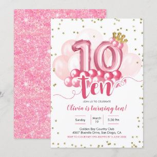 Pink Crown Ballon Zehnte Geburtstagsfeier Einladun Einladung