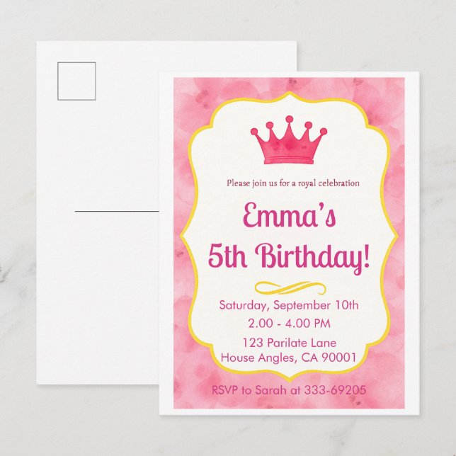 Pink Crown Birthday Einladung | Zazzlemade Magie (Vorne/Hinten)