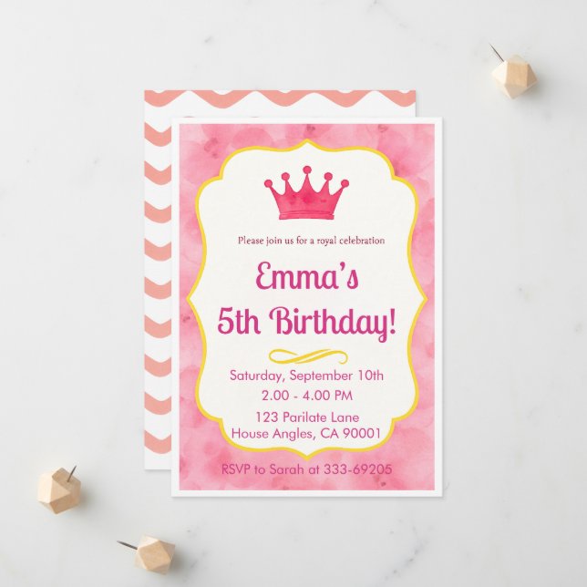 Pink Crown Birthday Einladung | Zazzlemade Magie (Vorderseite/Rückseite Beispiel)
