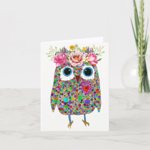 Pink Crown Floral Owl Grußkarte Feiertagskarte