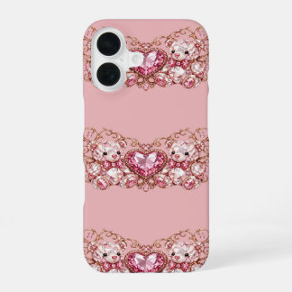 Pink Crystal Teddy Bears with Gem Heart iPhone 16 Hülle
