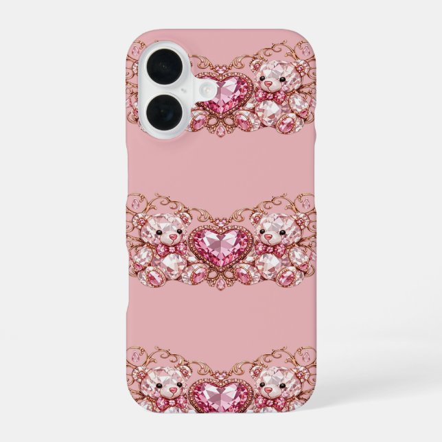 Pink Crystal Teddy Bears with Gem Heart iPhone 16 Hülle (Rückseite)
