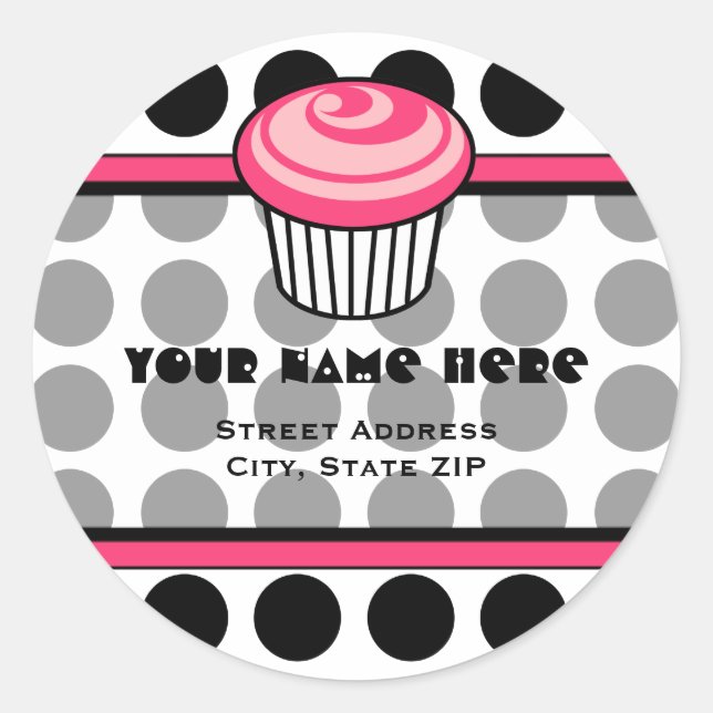 Pink Cupcake Address Label - Black Polka Dot Runder Aufkleber (Vorderseite)