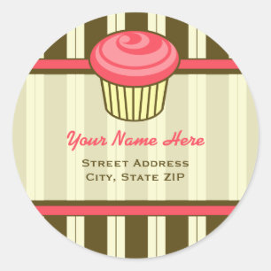 Pink Cupcake Address Label - Braun Streifen Runder Aufkleber
