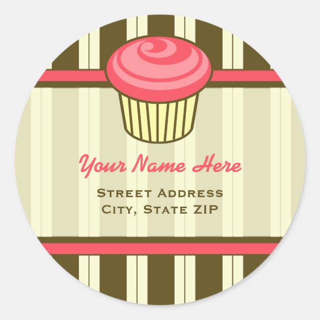 Pink Cupcake Address Label - Braun Streifen Runder Aufkleber (Vorderseite)