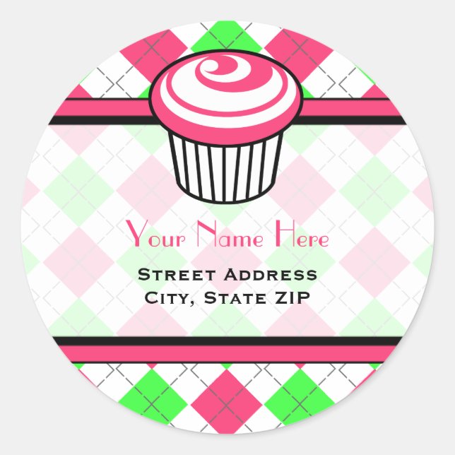 Pink Cupcake Address Label - Pink & Green Raute Runder Aufkleber (Vorderseite)