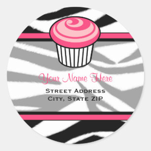 Pink Cupcake Address Label - Schwarze Zebra Print Runder Aufkleber