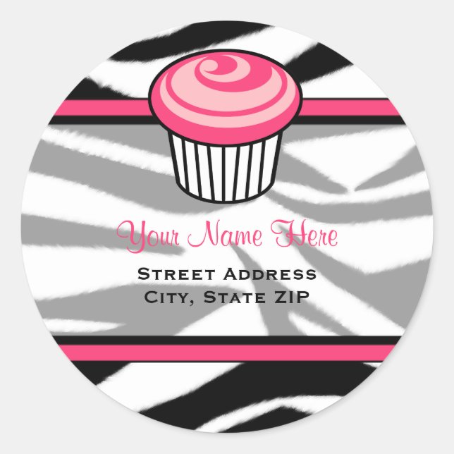 Pink Cupcake Address Label - Schwarze Zebra Print Runder Aufkleber (Vorderseite)