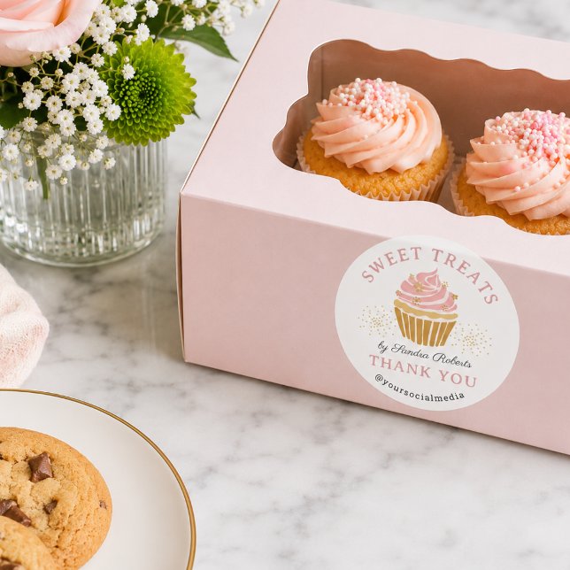 Pink Cupcake Bäckerei Danke Runder Aufkleber (Pink Cupcake Bakery Thank you Classic Round Sticker)