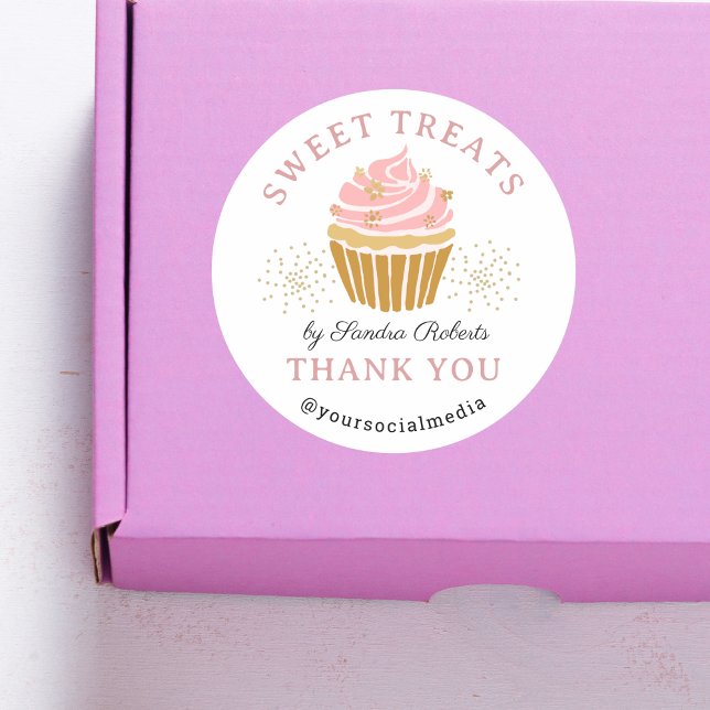 Pink Cupcake Bäckerei Danke Runder Aufkleber (Pink Gold Cupcake Bakery Thank you round sticker)