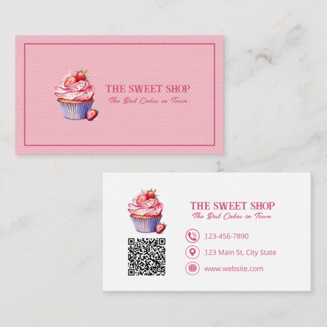 Pink Cupcake Bäckerei QR-Code Visitenkarte (Vorne/Hinten)