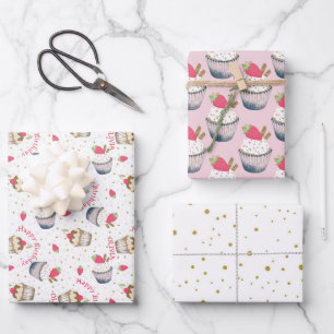 Pink Cupcake Birthday Wrapping Sheets - Niedliches Geschenkpapier Set
