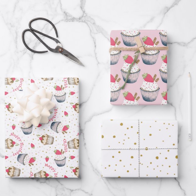 Pink Cupcake Birthday Wrapping Sheets - Niedliches Geschenkpapier Set (Vorderseite)
