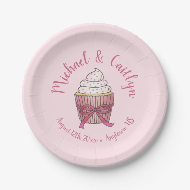 Pink Cupcake Bow Sprinkles Wedding Brautparty Pappteller (Vorderseite)
