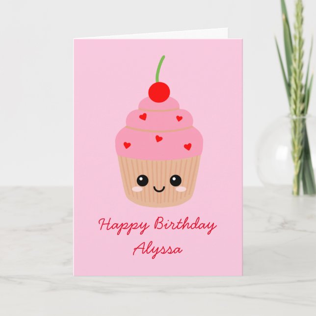 Pink Cupcake Character Happy Birthday Card Karte (Vorderseite)