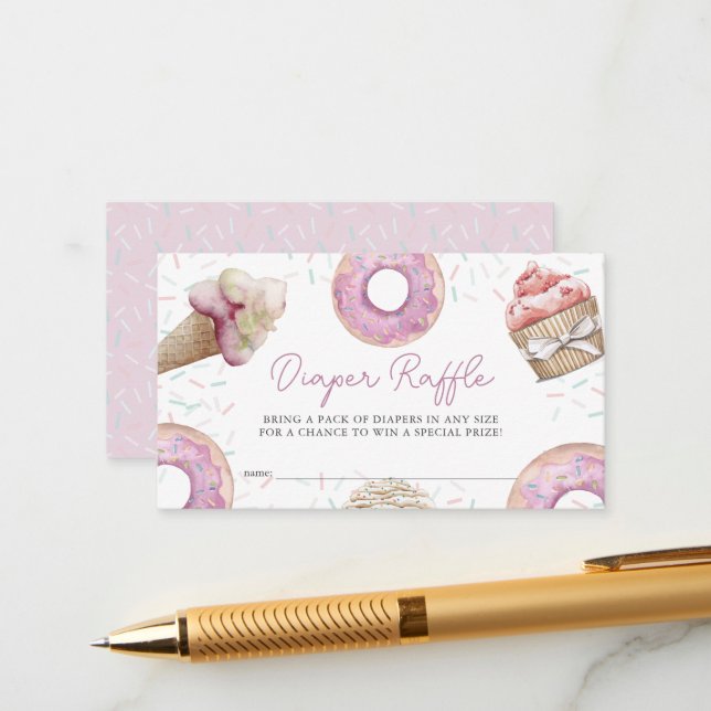 Pink Cupcake & Donut Baby Diaper Raffel Ticket Begleitkarte (Vorderseite/Rückseite Beispiel)