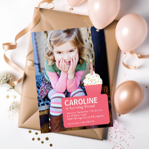 Pink Cupcake Foto Einladung zum ersten Geburtstag