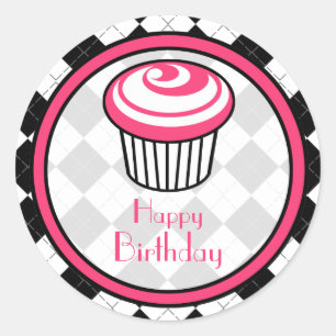 Pink Cupcake Geburtstagsticker - Schwarze Raute Runder Aufkleber