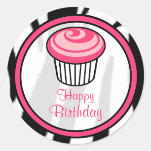 Pink Cupcake Geburtstagsticker - Schwarze Zebra Pr Runder Aufkleber