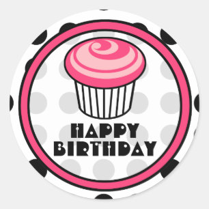 Pink Cupcake Geburtstagsticker - Schwarzer Polka D Runder Aufkleber