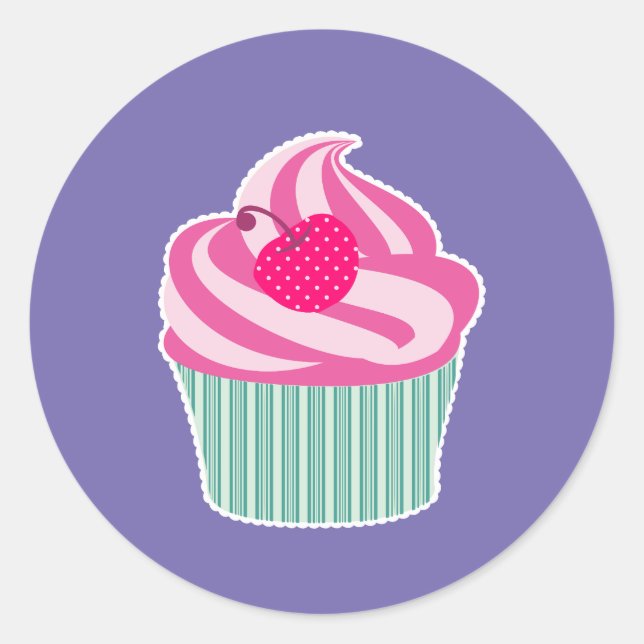 Pink Cupcake mit Polka Dot Cherry Runder Aufkleber (Vorderseite)