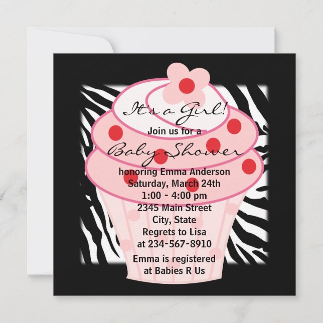 Pink Cupcake Pink Zebra Baby Dusche Einladung (Vorderseite)
