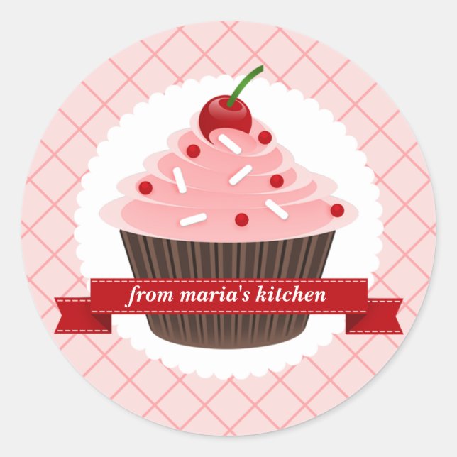 Pink Cupcake Round Kitchen Labels Runder Aufkleber (Vorderseite)