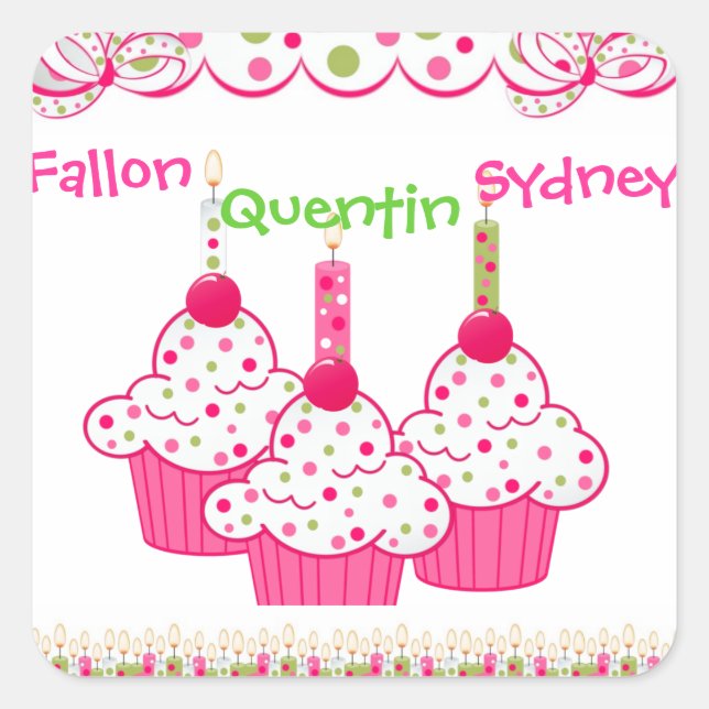 PINK Cupcake Stickets Triplets Quadratischer Aufkleber (Vorderseite)