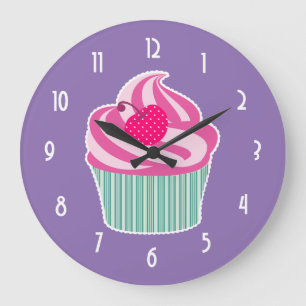 Pink Cupcake WIth Polka Dot Cherry Große Wanduhr