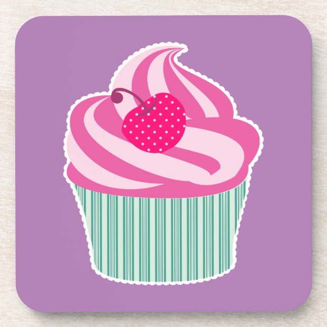 Pink Cupcake WIth Polka Dot Cherry Untersetzer (Vorderseite)