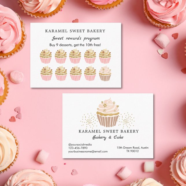 Pink Cupcakes Bakery Program Rewards Loyalty Card Visitenkarte (Blush Pink Gold Cupcakes Reward Program Loyalty card)
