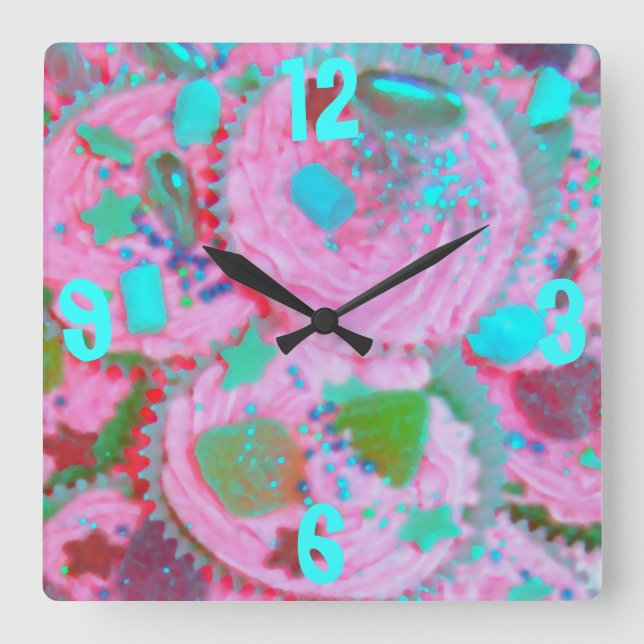 Pink Cupcakes 'Numbers' Uhr Quadrat (Vorderseite)