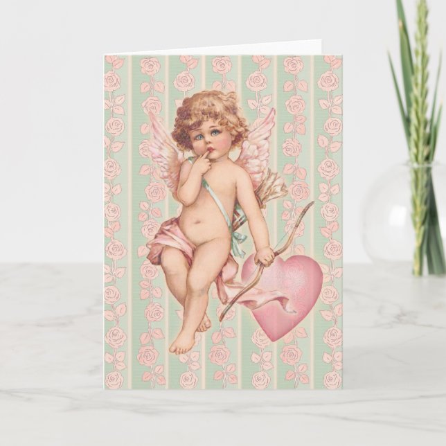 Pink Cupid auf Rose Feiertagskarte (Vorderseite)