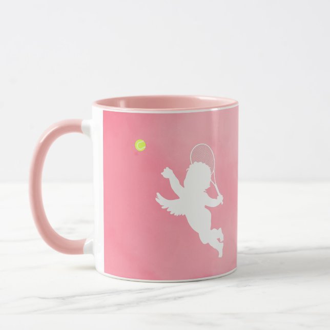 Pink Cupid Tennisspieler und Racket mit Text Tasse (Links)