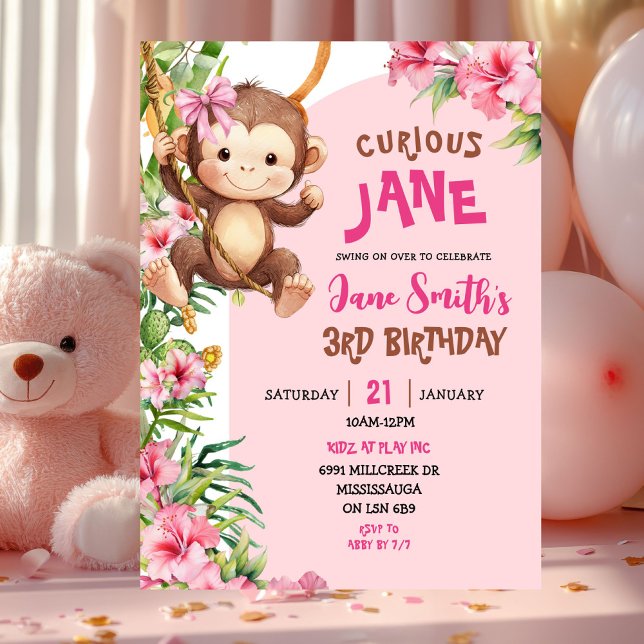Pink Curious Monkey Safari Theme Birthday Einladung (Von Creator hochgeladen)